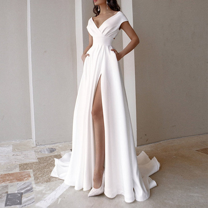 Women's V-Neck Floor Length Evening Dress – Structured Bodice High Slit Elegant
