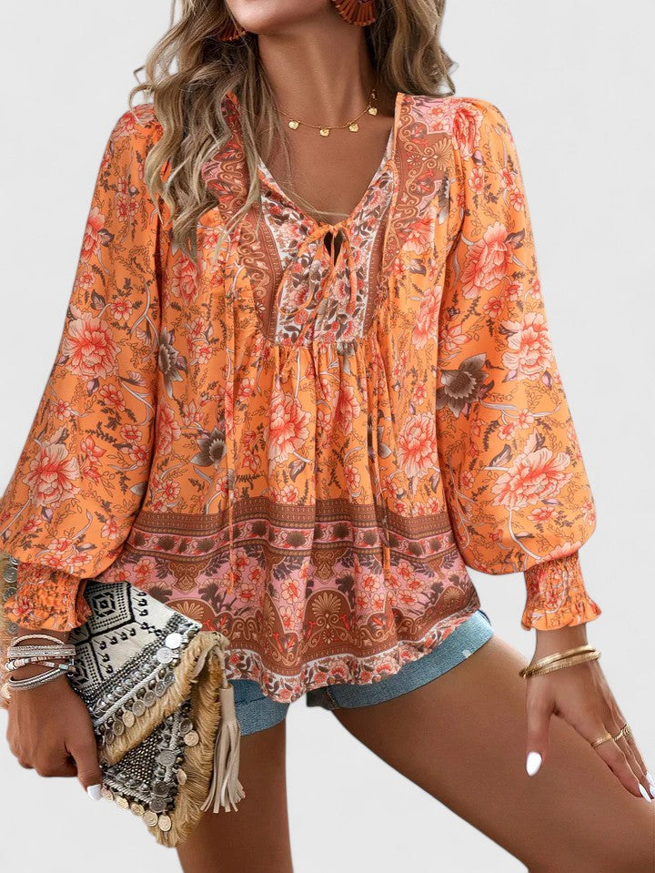Women's Boho Floral Peasant Top V-Neck – Long Sleeve Gathered Summer