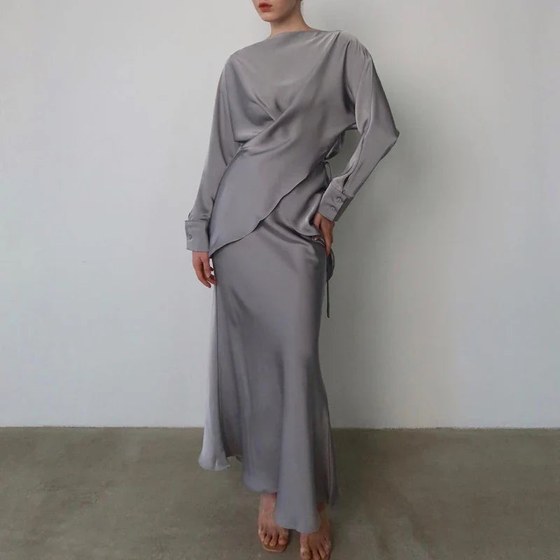 Satin Two Piece Set – Women's Long Sleeve Top & Floor-Length Skirt