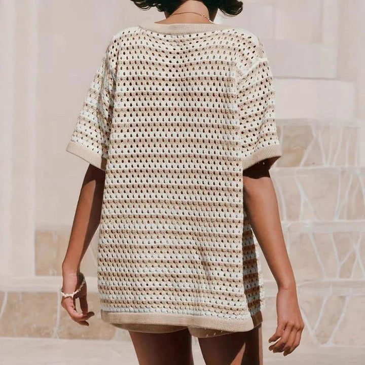Women's Two Piece Knit Striped Cardigan & Shorts Set