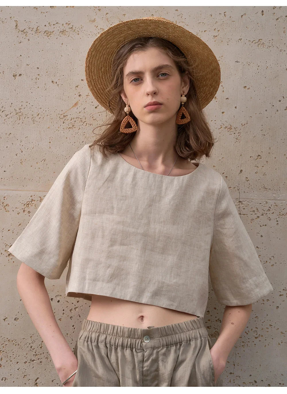 Women's 100% Linen Boxy Crop Top – Round Neck Half Sleeve