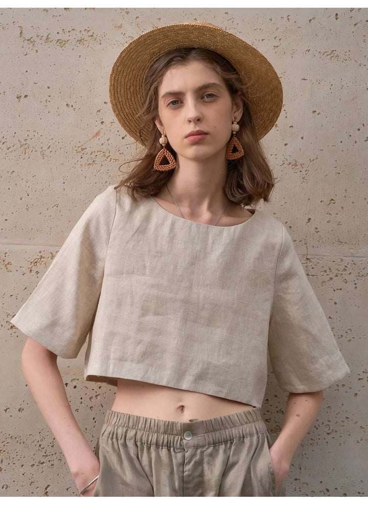Women's 100% Linen Boxy Crop Top – Round Neck Half Sleeve
