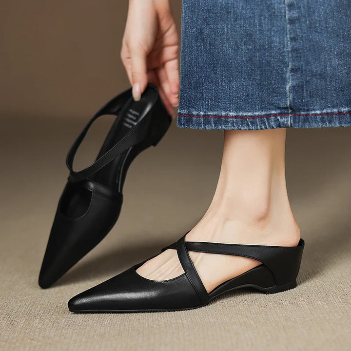 Women's Genuine Leather Cross-Strap Pointed Toe Mules – Low Wedge