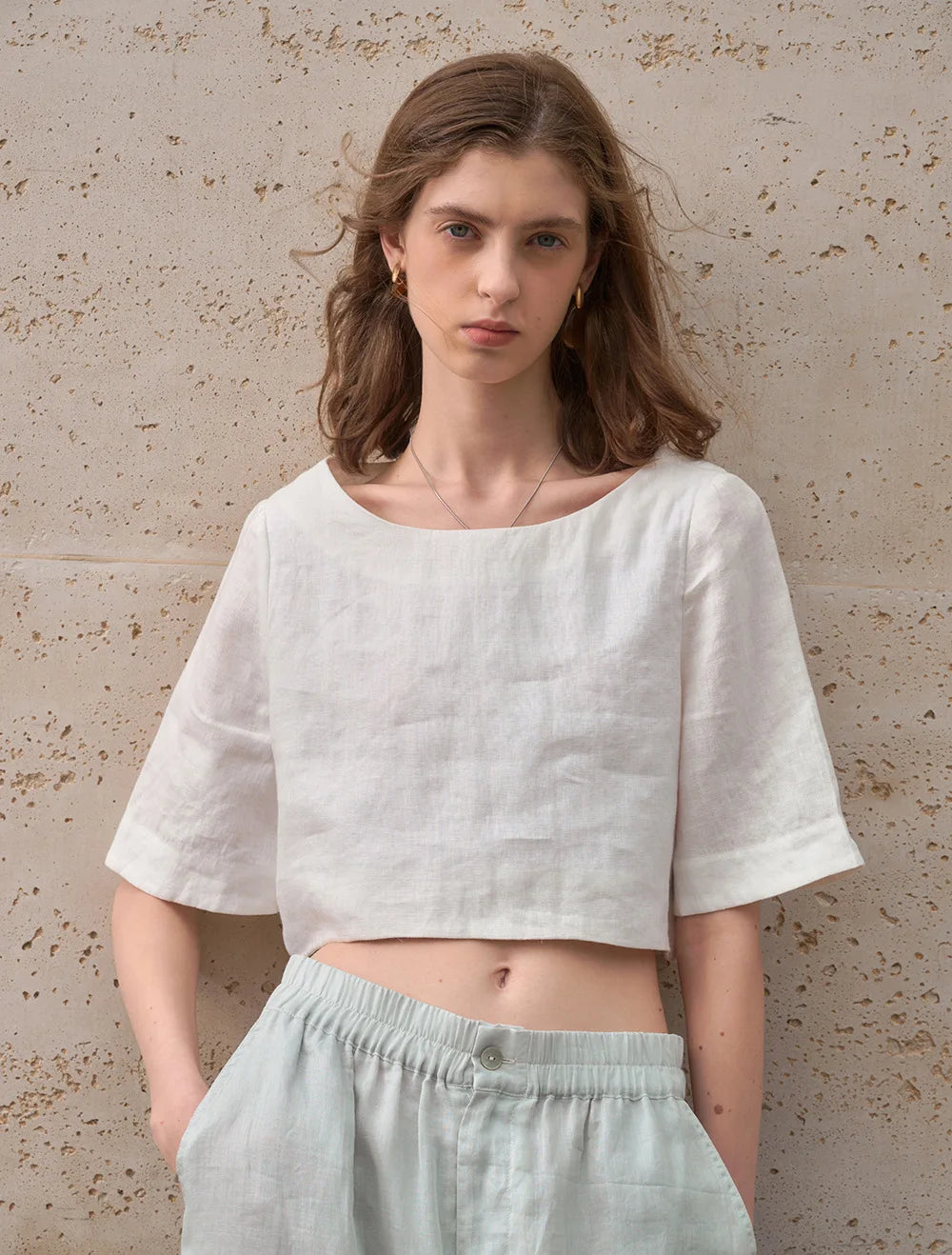 Women's 100% Linen Boxy Crop Top – Round Neck Half Sleeve