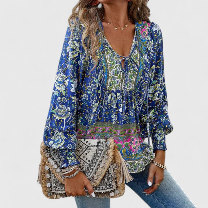 Women's Boho Floral Peasant Top V-Neck – Long Sleeve Gathered Summer