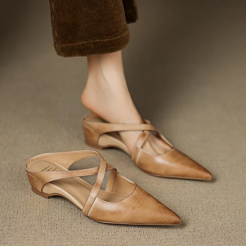 Women's Genuine Leather Cross-Strap Pointed Toe Mules – Low Wedge