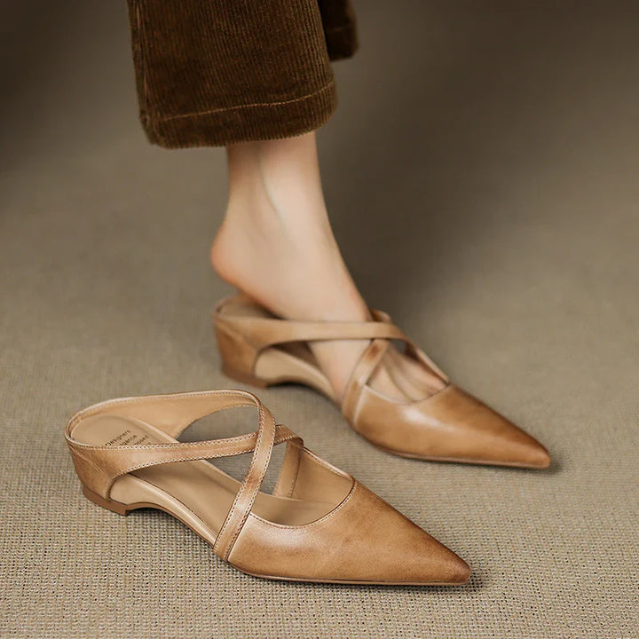 Women's Genuine Leather Cross-Strap Pointed Toe Mules – Low Wedge