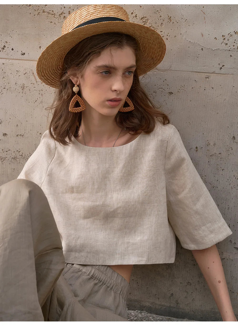 Women's 100% Linen Boxy Crop Top – Round Neck Half Sleeve