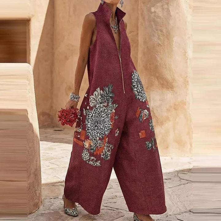 Women's Floral Wide Leg Jumpsuit – Sleeveless High Waist
