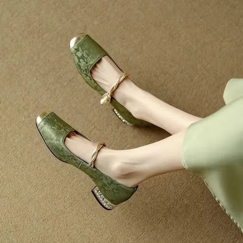 Women's Jacquard Mary Jane Pumps – Pearl Strap Crystal Square Heel