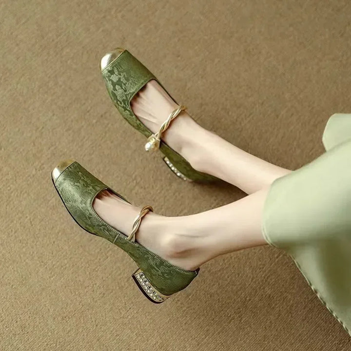 Women's Jacquard Mary Jane Pumps – Pearl Strap Crystal Square Heel