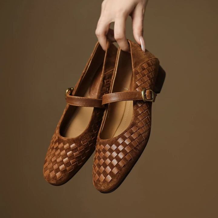 Women's Sheepskin Woven Mary Jane Shoes Diamond Pattern – Block Heel