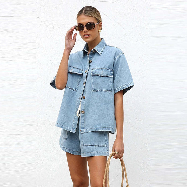 Women's Cotton Denim Two-Piece Set – Button-Down Top Drawstring Shorts