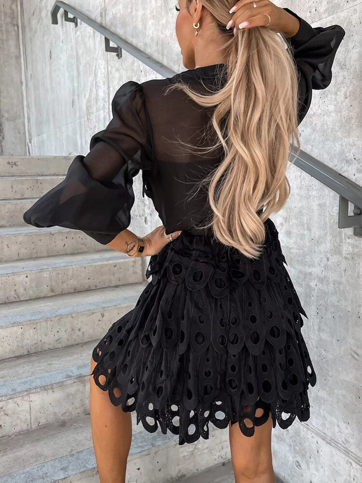Women's Embroidered Cutwork Mini Dress – Sheer Sleeves Fitted Waist