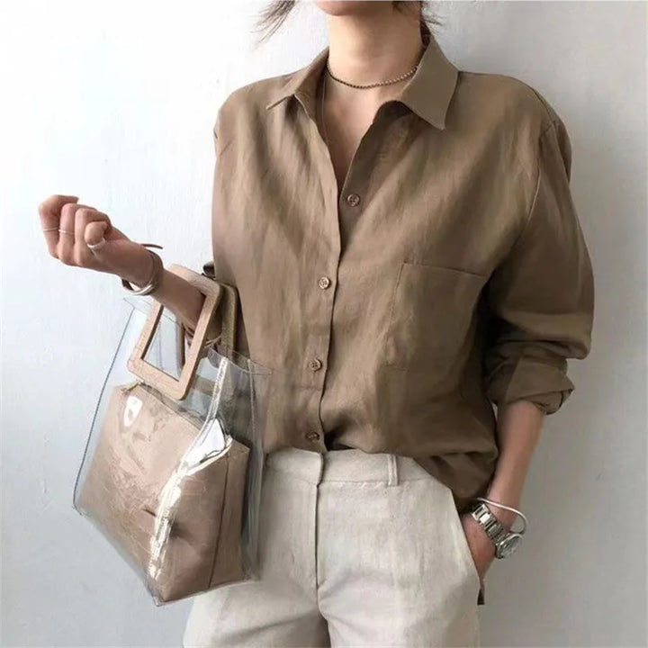 Women's Soft Linen Blend Open Collar Shirt – Relaxed Oversized Fit