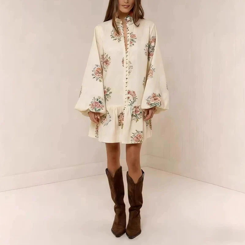 Women's Floral Button-Down Mini Dress – Stand Collar Lantern Sleeve Ruffle
