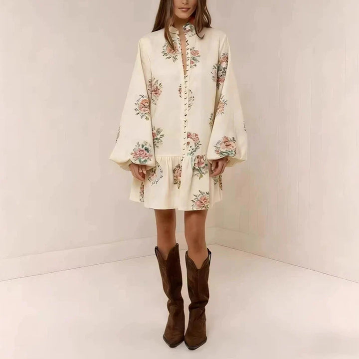 Women's Floral Button-Down Mini Dress – Stand Collar Lantern Sleeve Ruffle