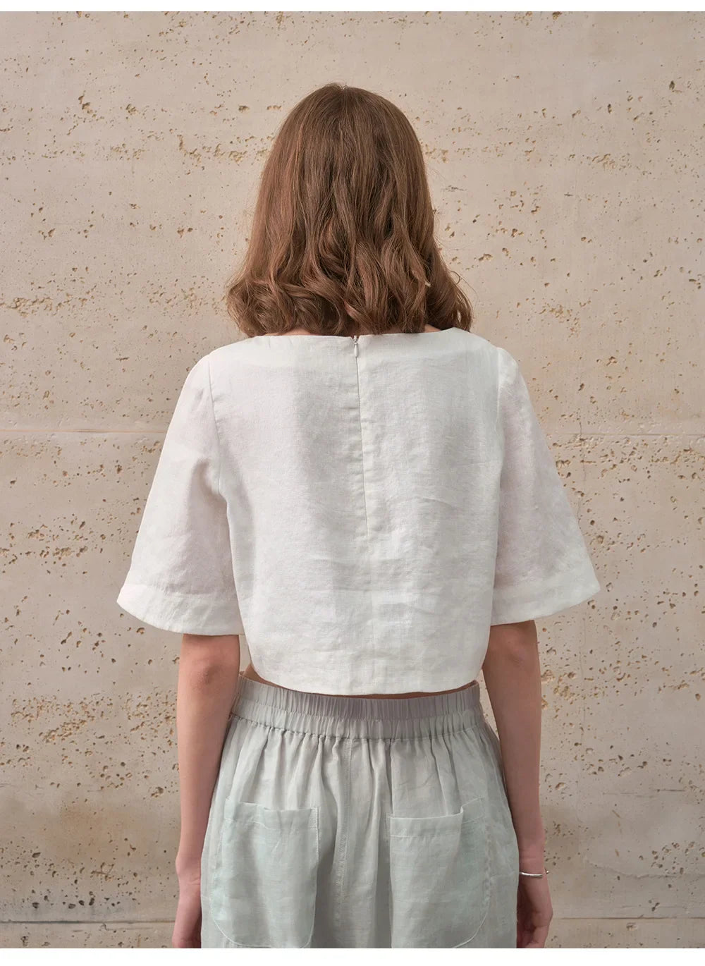 Women's 100% Linen Boxy Crop Top – Round Neck Half Sleeve