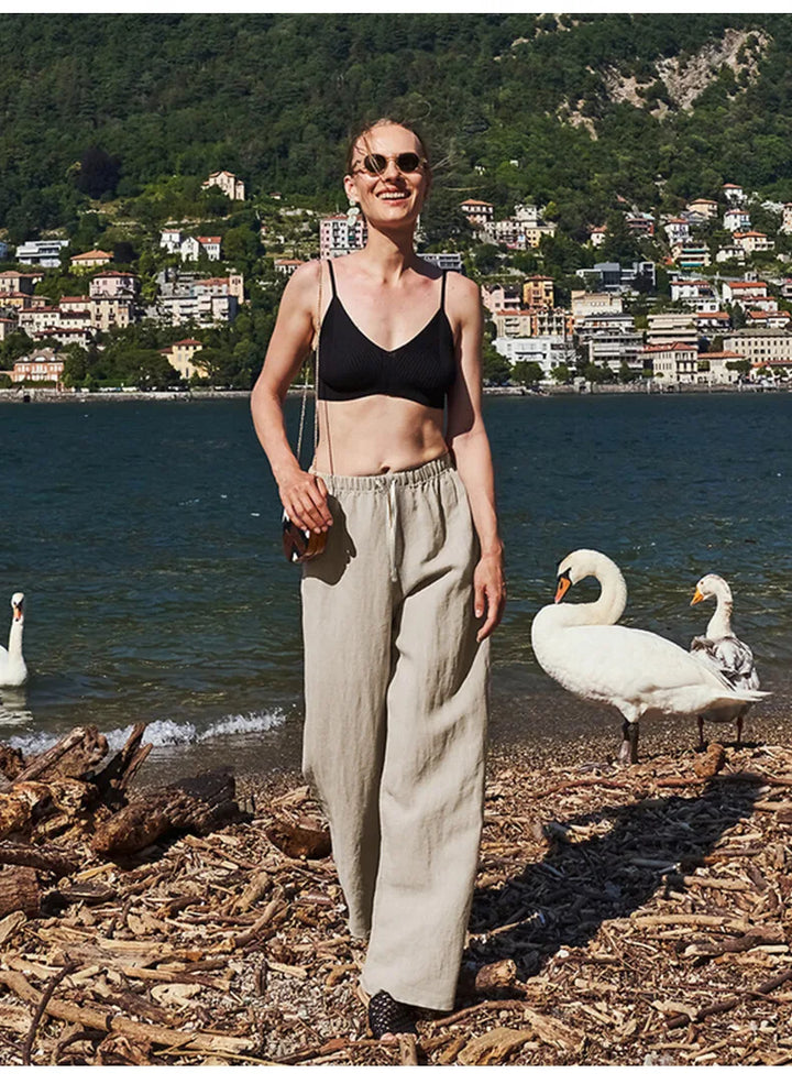 Women's Linen Wide Leg Pants – Low-Rise Elastic Drawstring Waist