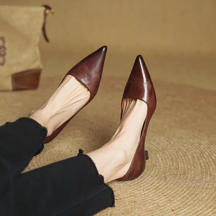 Women's Leather Pointed Toe Kitten Heel Pumps – Foam Padded Insole