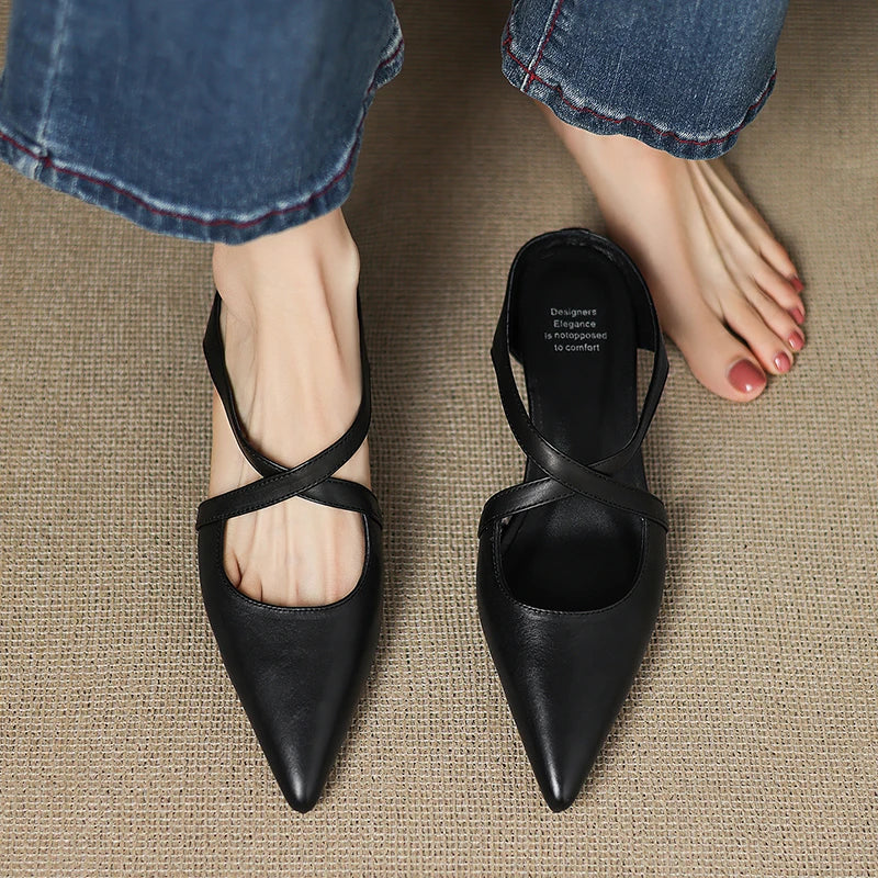 Women's Genuine Leather Cross-Strap Pointed Toe Mules – Low Wedge