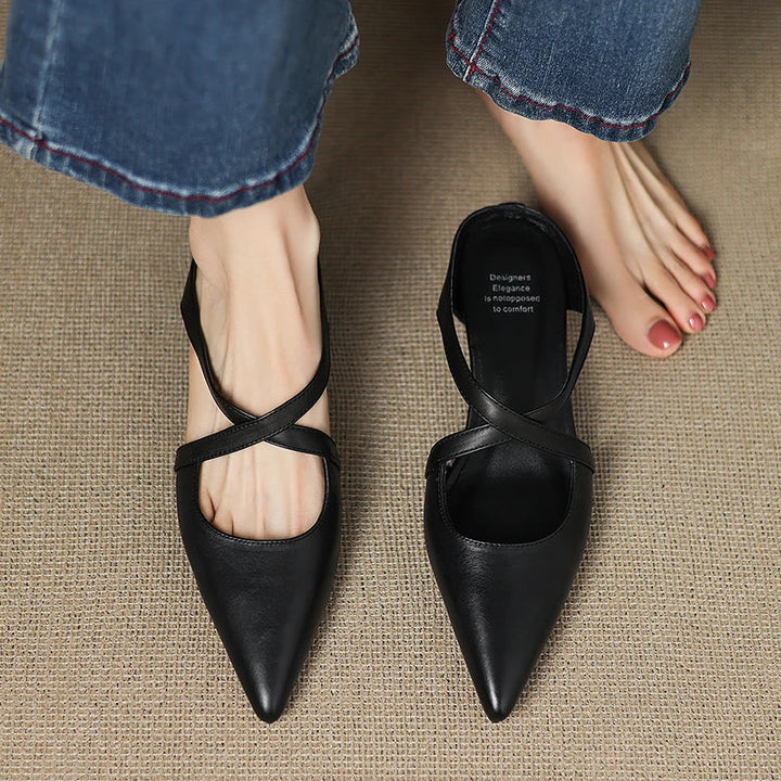 Women's Genuine Leather Cross-Strap Pointed Toe Mules – Low Wedge