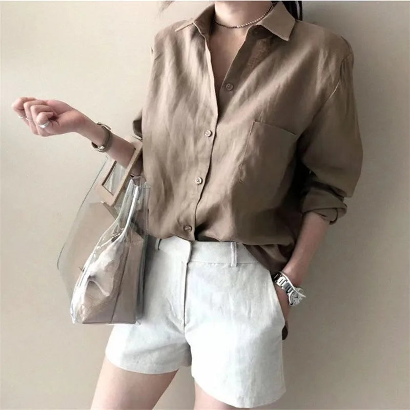 Women's Soft Linen Blend Open Collar Shirt – Relaxed Oversized Fit