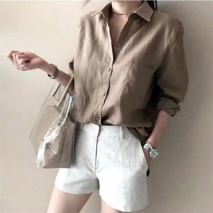 Women's Soft Linen Blend Open Collar Shirt – Relaxed Oversized Fit