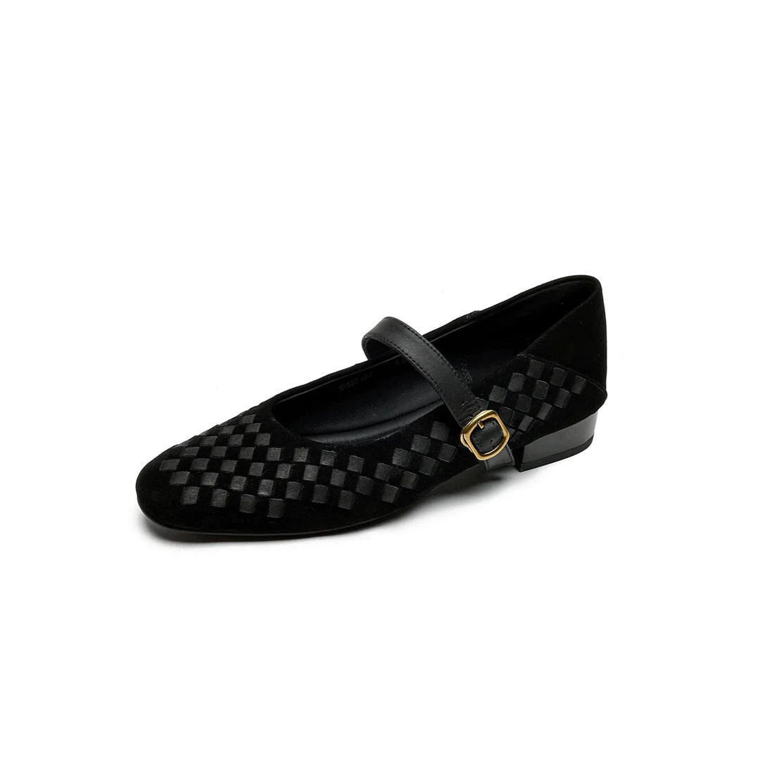 Women's Sheepskin Woven Mary Jane Shoes Diamond Pattern – Block Heel