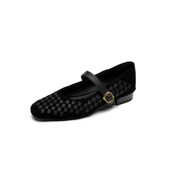 Women's Sheepskin Woven Mary Jane Shoes Diamond Pattern – Block Heel