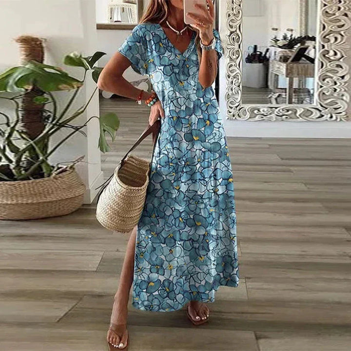 Women's Boho Printed Maxi Dress V-Neck – Flowing Vacation Style