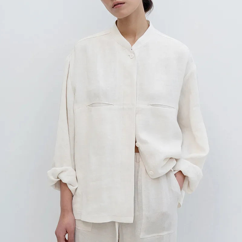 Women's Linen Longline Jacket Stand Collar – Horn Buttons