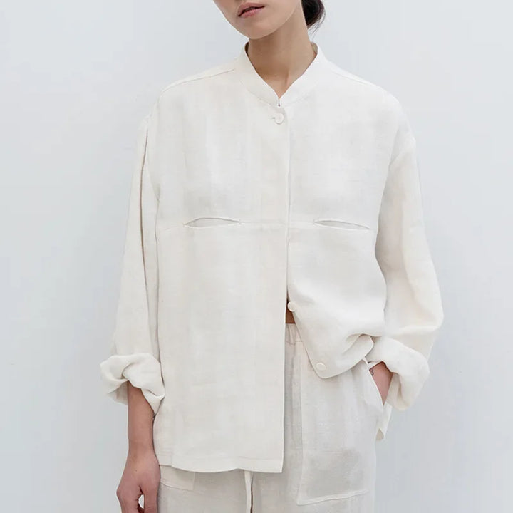 Women's Linen Longline Jacket Stand Collar – Horn Buttons