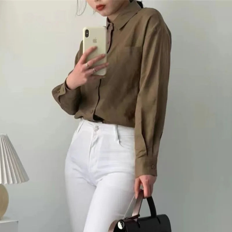 Women's Soft Linen Blend Open Collar Shirt – Relaxed Oversized Fit