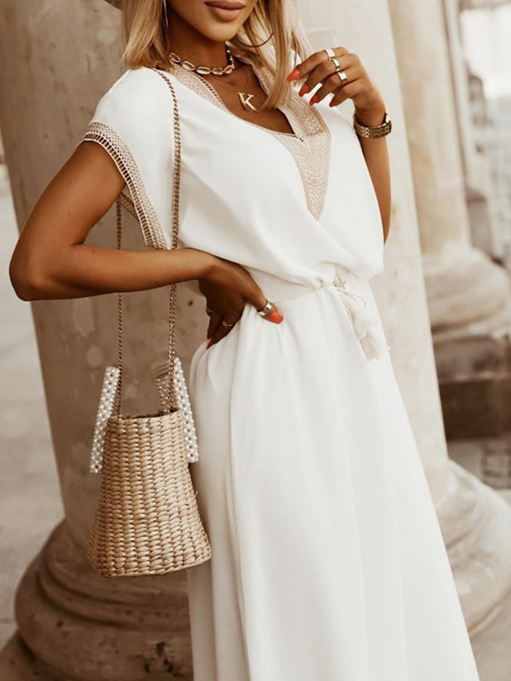 Women's Crochet Detail Maxi Dress V-Neck – Tassel Waist Tie Summer