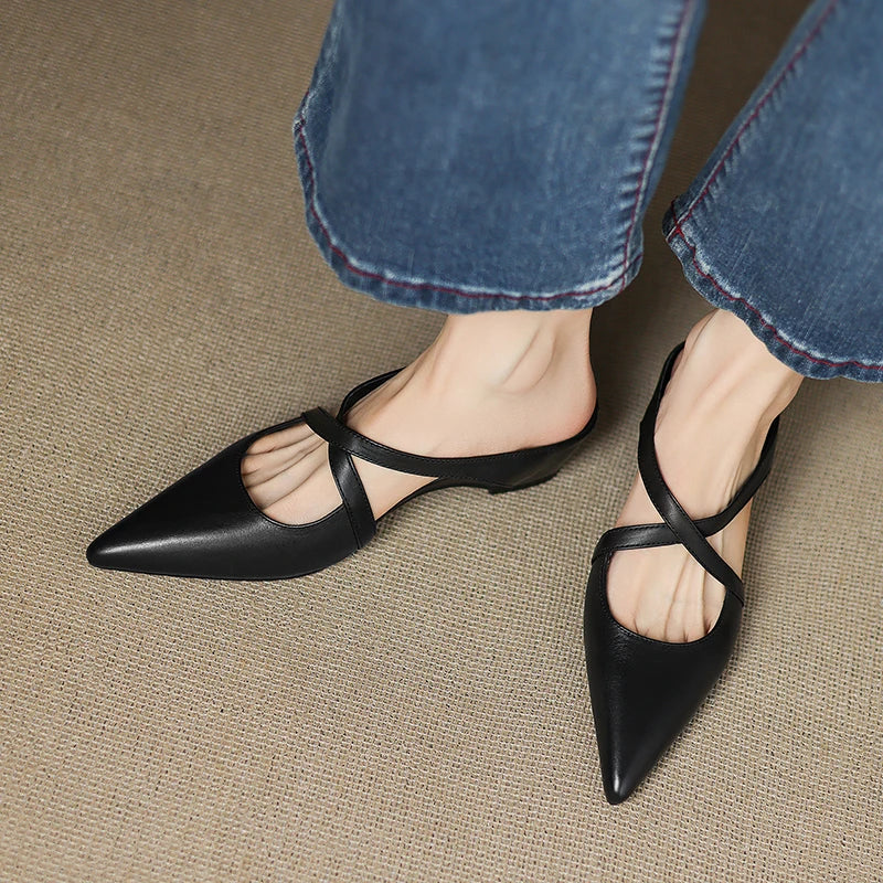 Women's Genuine Leather Cross-Strap Pointed Toe Mules – Low Wedge