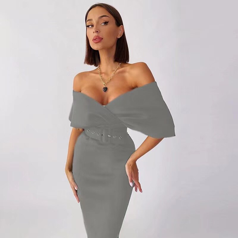 Women's Off-Shoulder Bodycon Midi Dress – Belted Sculpted Fit
