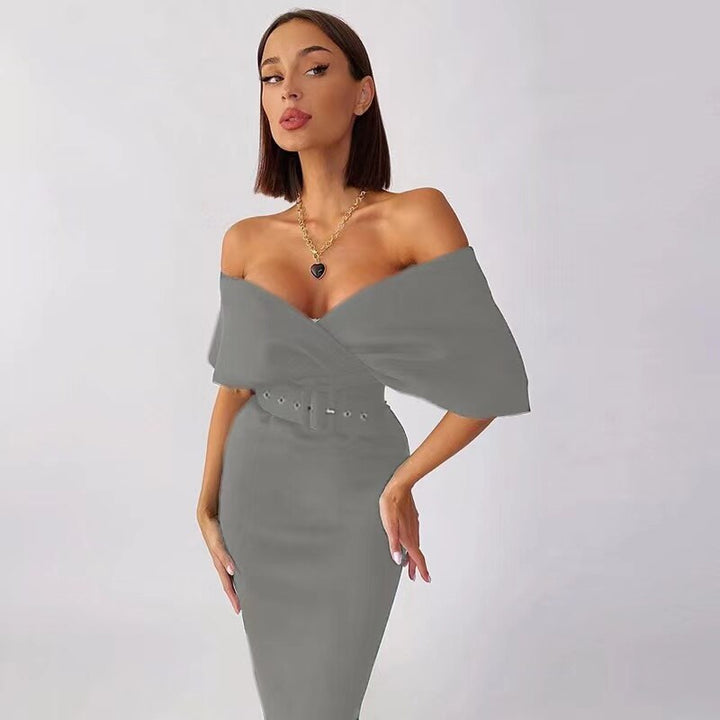 Women's Off-Shoulder Bodycon Midi Dress – Belted Sculpted Fit