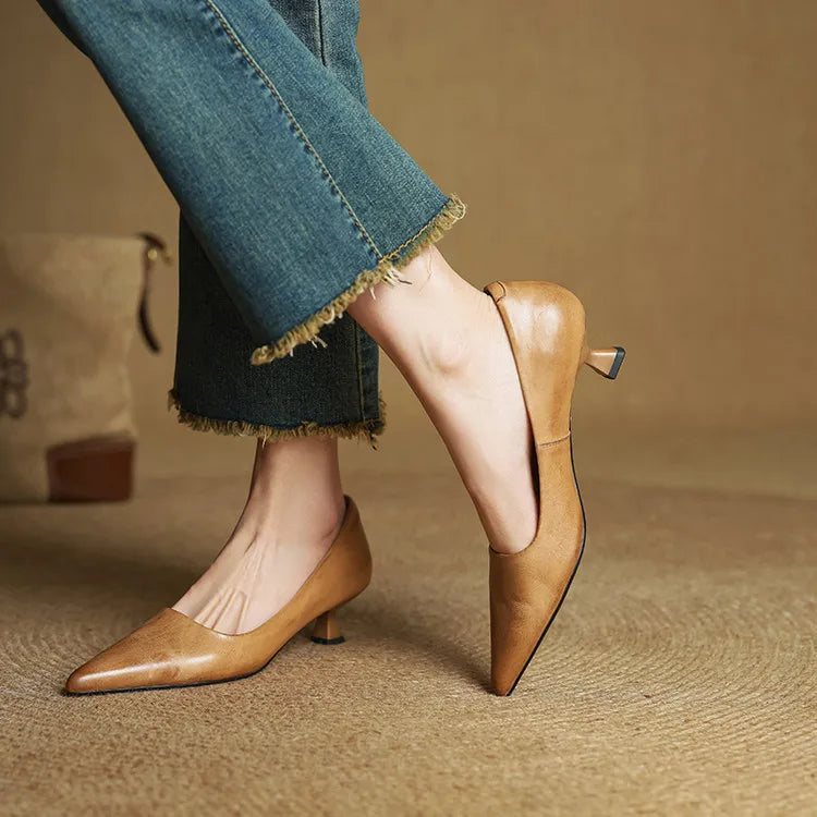 Women's Leather Pointed Toe Kitten Heel Pumps – Foam Padded Insole