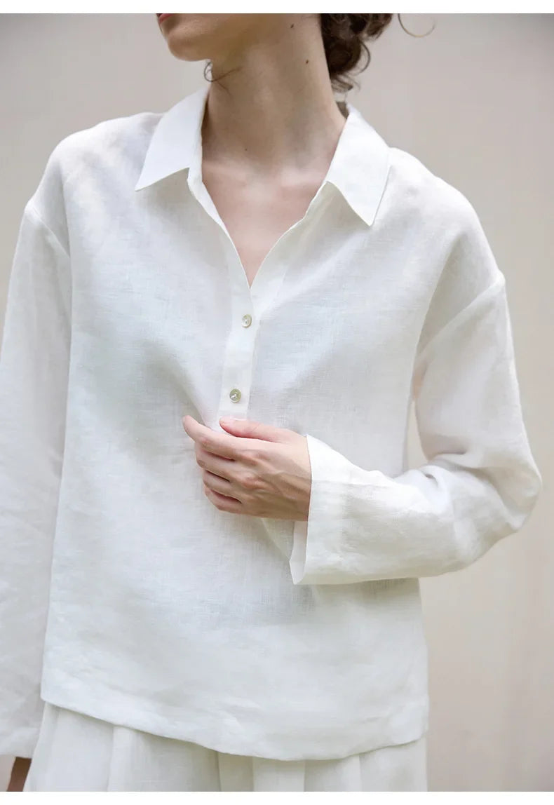 Women's 100% Linen Polo Collar Pullover – Relaxed Oversized Fit