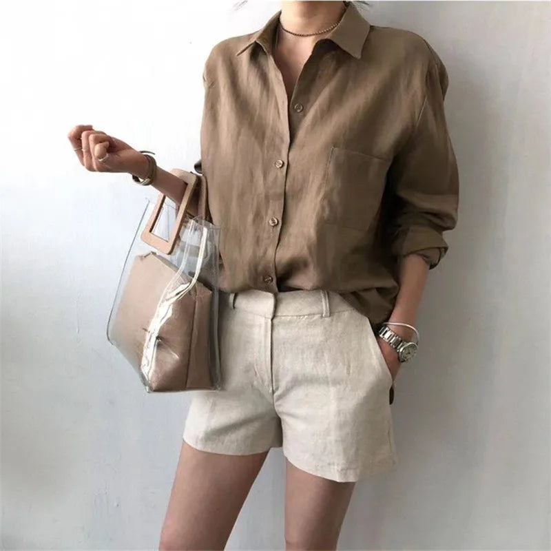 Women's Soft Linen Blend Open Collar Shirt – Relaxed Oversized Fit