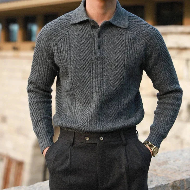 Men's Soft Knit Long Sleeve Polo Shirt Slim Fit – Woven Pattern