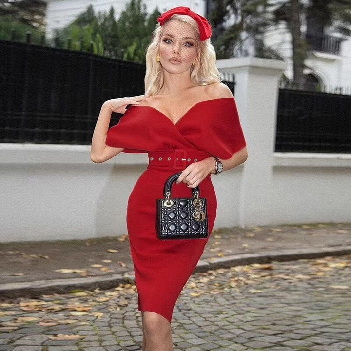 Women's Off-Shoulder Bodycon Midi Dress – Belted Sculpted Fit
