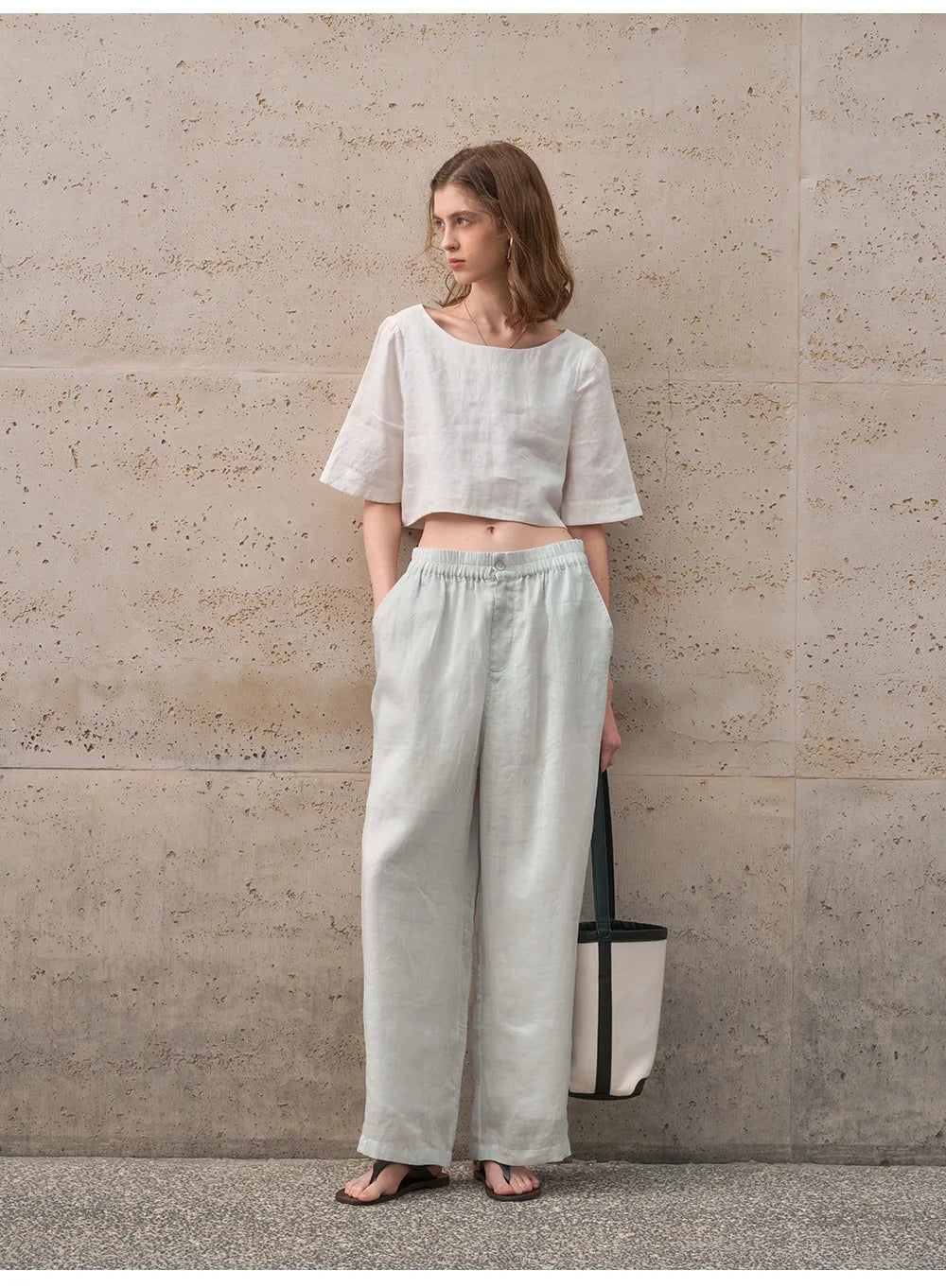 Women's 100% Linen Boxy Crop Top – Round Neck Half Sleeve
