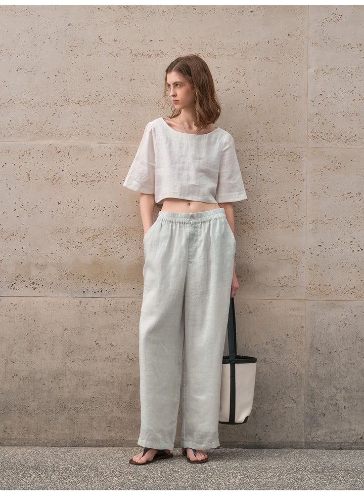 Women's 100% Linen Boxy Crop Top – Round Neck Half Sleeve