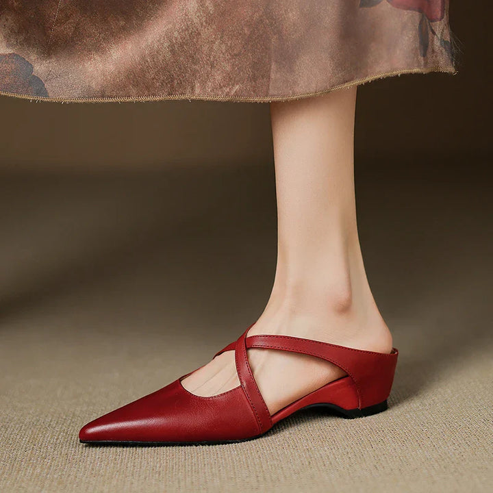 Women's Genuine Leather Cross-Strap Pointed Toe Mules – Low Wedge