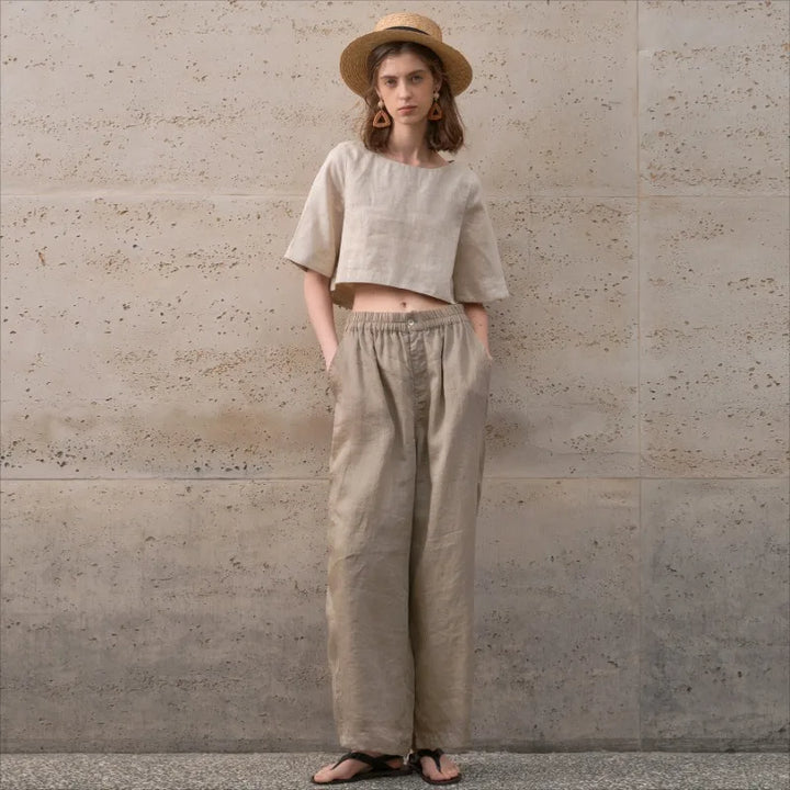 Women's 100% Linen Boxy Crop Top – Round Neck Half Sleeve