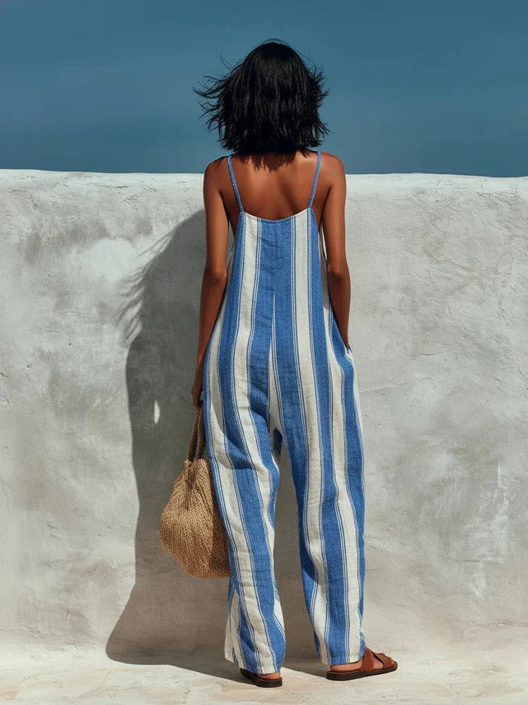 Women's Striped Halter Wide Leg Jumpsuit – Sleeveless High Waist