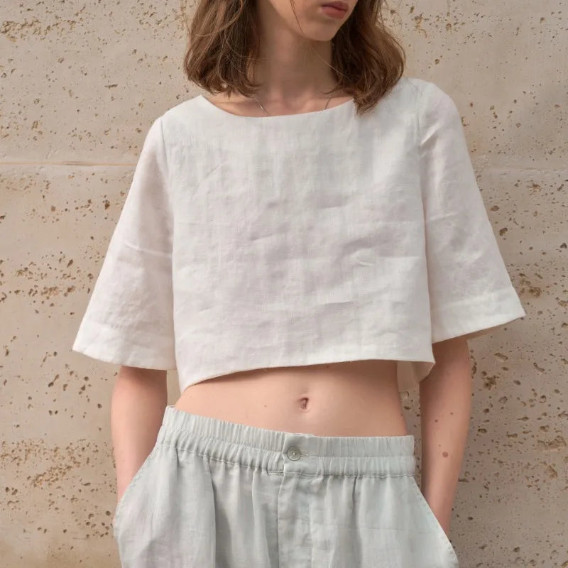 Women's 100% Linen Boxy Crop Top – Round Neck Half Sleeve