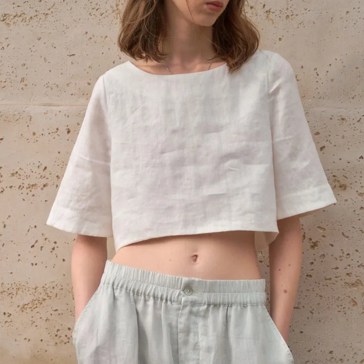 Women's 100% Linen Boxy Crop Top – Round Neck Half Sleeve